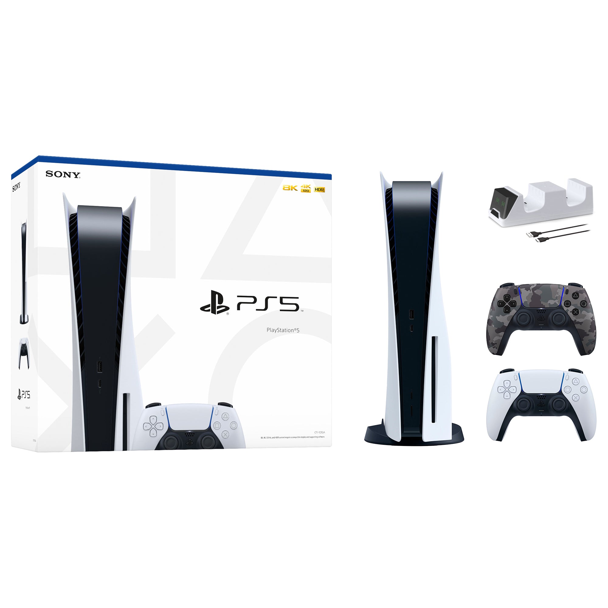 PlayStation 5 Disc Edition with Two Controllers White and Gray Camouflage DualSense and Mytrix Dual Controller Charger - PS5 Gaming Console PlayStation 5 Disc Edition with Two Controllers White and Gray Camouflage DualSense and Mytrix Dual Controller Charger - PS5 Gaming Console